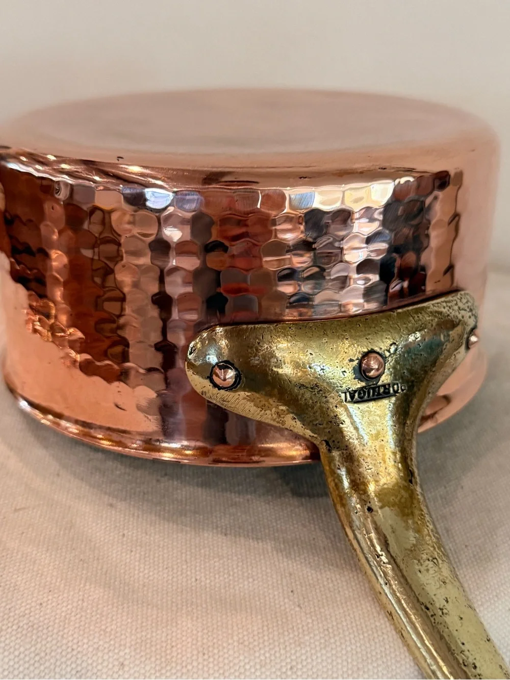 Vintage Copper Hammered Saucepan with lid and Brass Handle stainless steel lined